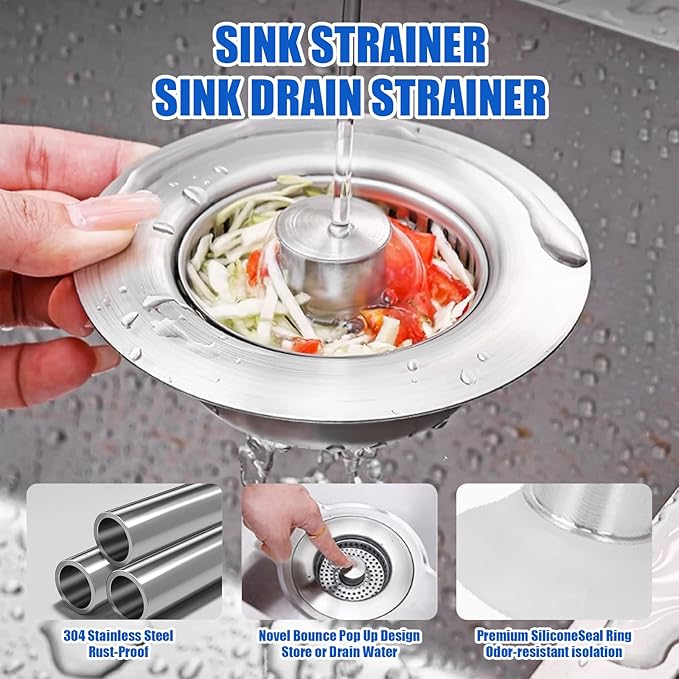 Kitchen Sink Drain Strainer, 304 Stainless Steel Sink Drain Plug, Quick Drain Kitchen Sink Plug with Anti-Clog Strainer Kitchen Sink Protector for U.S. Standard 3-1/2 Inch Sink Drain Holes.