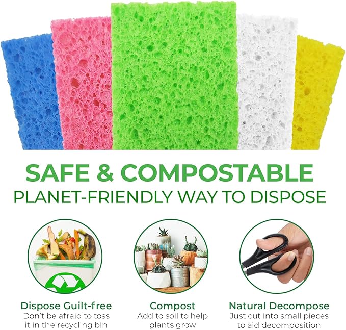 Biodegradable Compressed Cellulose Sponges - Pack of 32 Pop Up Natural Dish Sponges - Multicolor Non Scratch, Heavy Duty, Multipurpose, Compostable and Eco Friendly