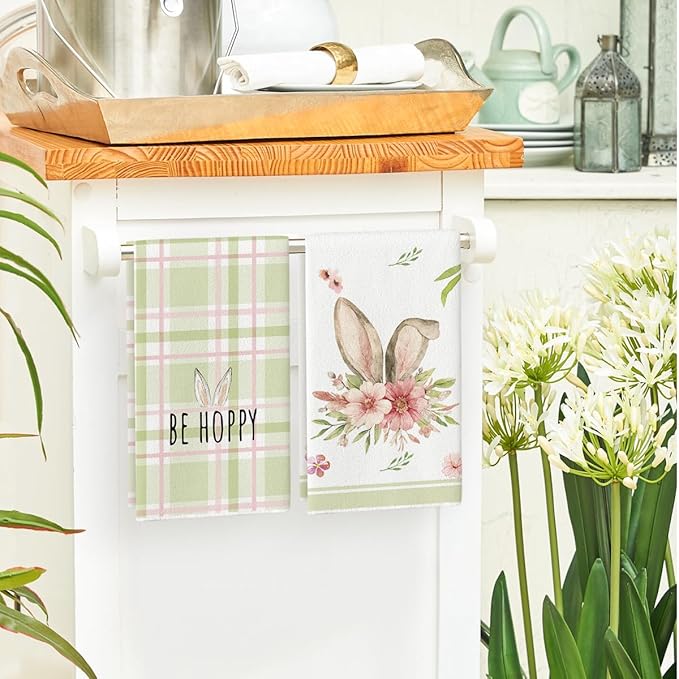 Artoid Mode Green Bunny Rabbit Ears Floral Leaves Easter Kitchen Towels Dish Towels, 18x26 Inch Be Kind Seasonal Decoration Hand Towels Set of 4