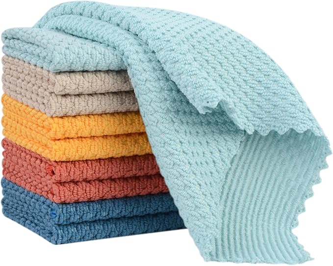 SINLAND Microfiber Dish Cloth for Washing Dishes Rags Best Kitchen Washcloth Cleaning Cloths with Poly Scour Side Popcorn Texture 5 Color Assorted 12Inchx12Inch 10 Pack