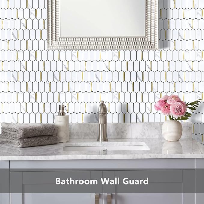Vamos Tile Long Hexagon Peel and Stick Backsplash Tile - 10 Sheets Stick on Backsplash for Kitchen and Bathroom 12.4 x 12 Inch White Marble Look PVC Mixed Metal Gold Self Adhesive Mosaic Wall Tiles