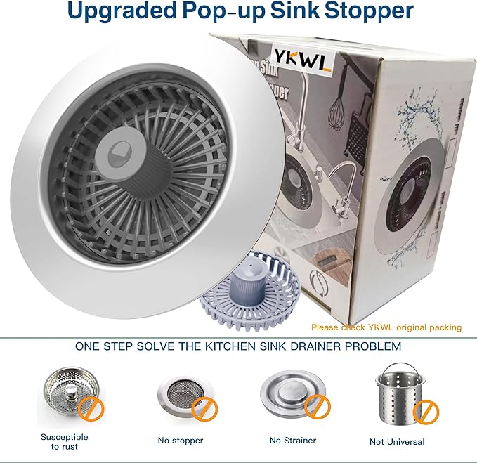 Kitchen Sink Drain Strainer 3 in 1, 304 Stainless Steel Pop Up Sink Stopper, Anti-Clogging Drain Stopper, Strainers for Kitchen, Drain Cover and Kitchen Accessories for US Standard Sink (Chrome)