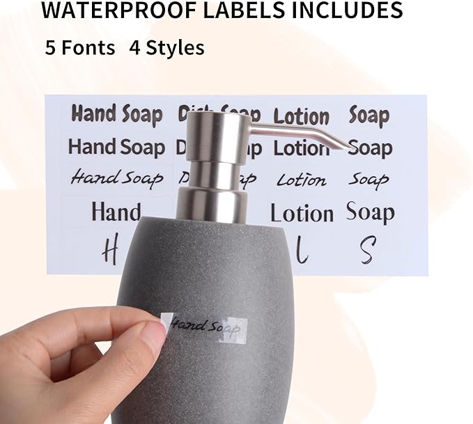 Sandstone Textured Resin Soap Dispenser with Metallic Pump and Waterproof Bottle Labels for Bathroom Kitchen Dish Hand Wash Shower Lotion Shampoo, 12 Oz, Gray