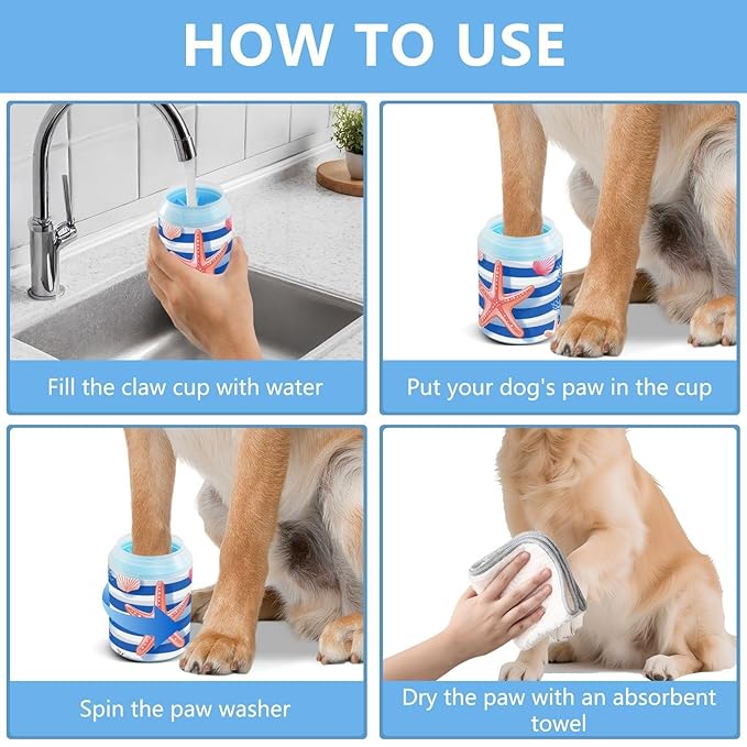 Dog Paw Cleaner Cups for Dogs Pets Foot Washer Paw Scrubber for Medium Small Dogs Cats Cleaning Cup Blue Stripes Starfish Seashells Corals