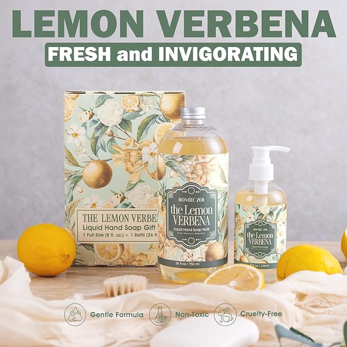 ROMIIE ZOI Hand Soap Gift Set, 750ml Refill + 236ml Liquid Soap, Cruelty-Free, Moisturizing Formula with Essential Oils For Sensitive Skin, Lemon Verbena Scent, For Kitchen & Bathroom
