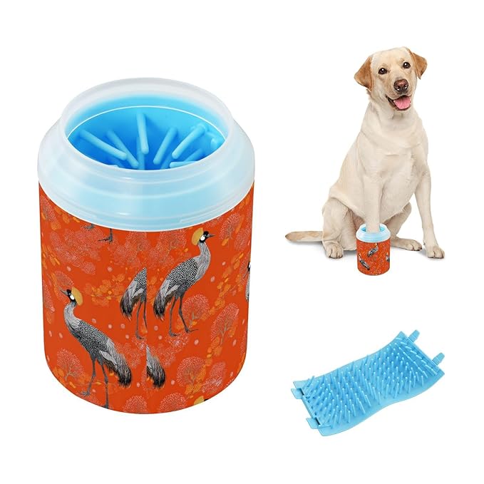 Dog Paw Cleaner Cups for Dogs Pet Foot Washer Paw Scrubber for Medium Small Large Dogs Cats Cleaning Cup Orange Cranes Red Trees Leaves