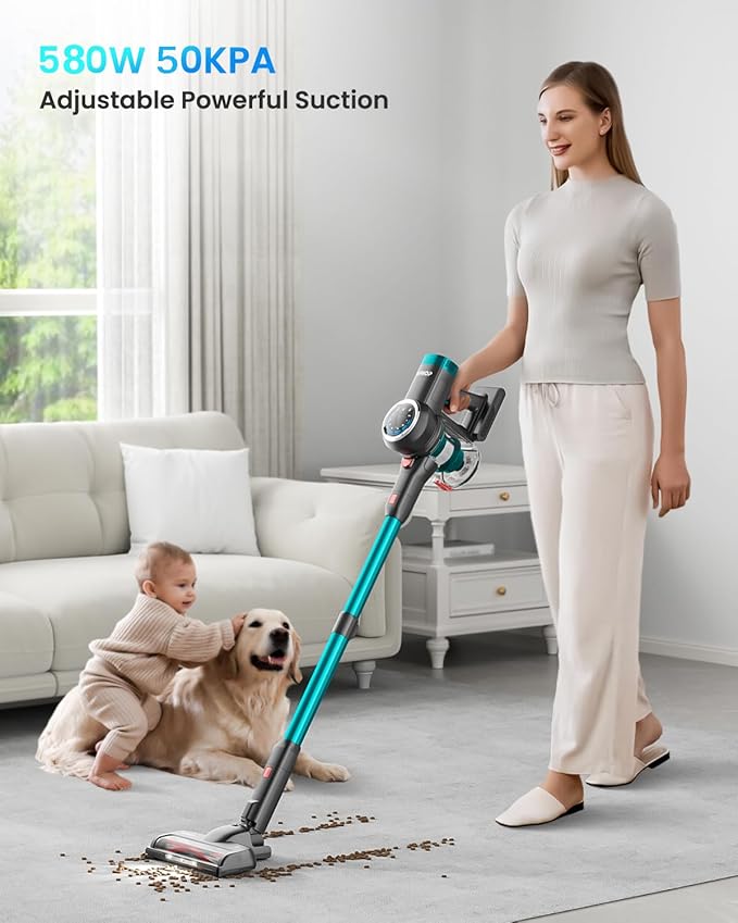 Cordless Vacuum Cleaner, 580W/50KPa Cordless Vacuum, 65 Mins Run Time, Self-Supporting Design,Stick Vacuum with OLED Display and Anti-Tangle Brush for Home, Carpets, Hard Floors and Pet Hair