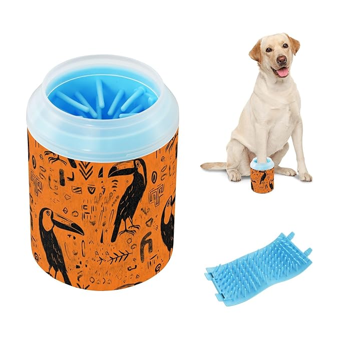 Dog Paw Cleaner Cups for Dogs Pet Foot Washer Paw Scrubber for Medium Small Large Dogs Cats Cleaning Cup Orange Toucans Tribal