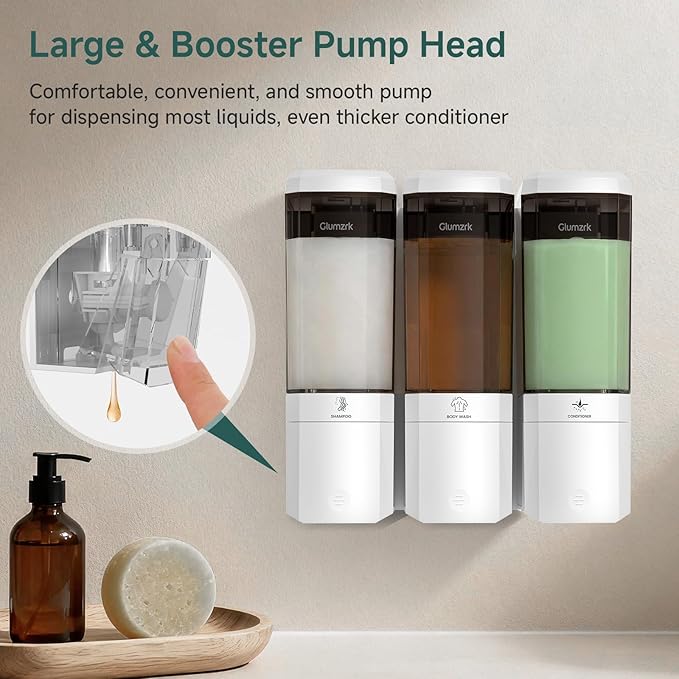 Shampoo and Conditioner Dispenser 3 Chamber No Drill Shower Soap Dispenser Wall Mounted Shampoo Conditioner Body Wash Refillable Bathroom Shower Dispenser (White+Smoke Gray 3 Chamber)