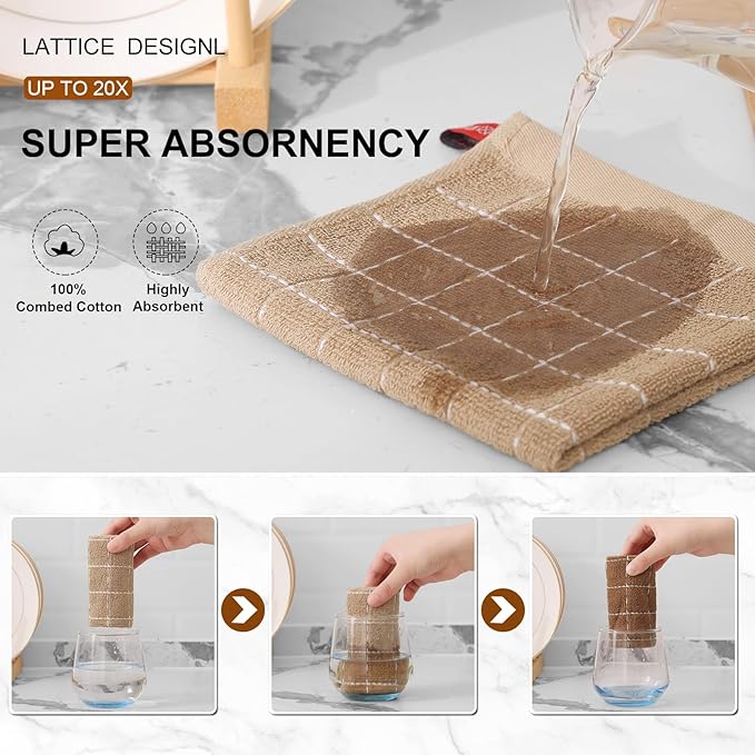 Mordimy 100% Cotton Terry Cloth Dish Cloths, Soft and Absorbent Checkered Dish Towels, Quick Drying Dish Rags for Washing Dishes, 12 Pack, 12 x 12 Inches, Tan