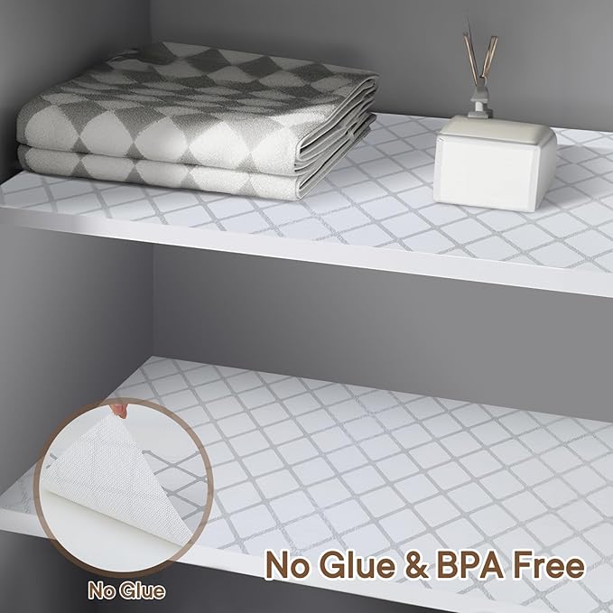 Shelf and Drawer Liner for Kitchen Cabinets Non-Adhesive, Strong Grip Non-Slip Thickened Cabinet Liners for Shelves, Waterproof Mats for Dresser Cupboard, Silver Stripe, 17 in x 20 Feet