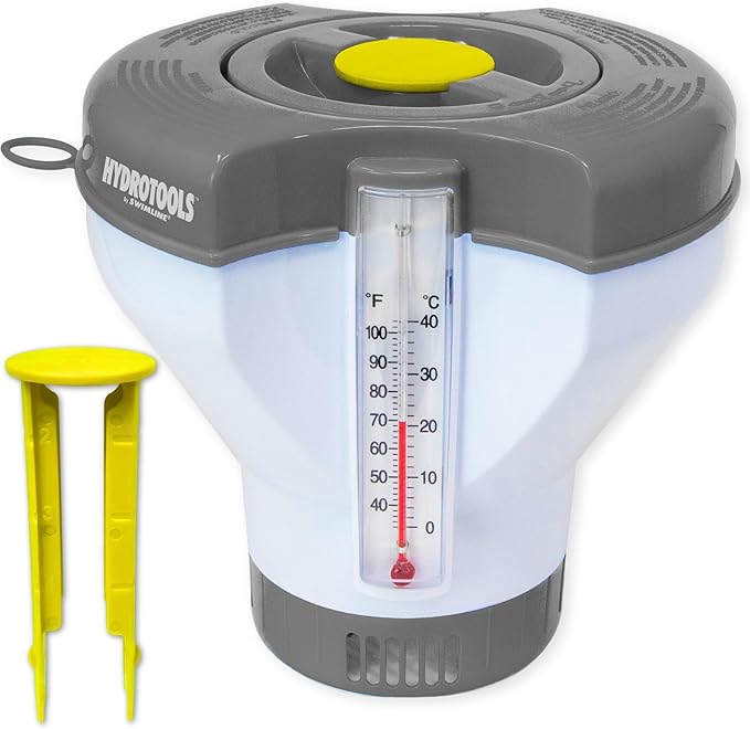 SWIMLINE HYDROTOOLS Smart Chlorine Floater Dispenser for Above Ground & Inground Pools Spas W/Thermometer | Tablet Refill Indicator & Tongs | Large Adjustable Floating 3-Inch Chlorine Bromine Tabs