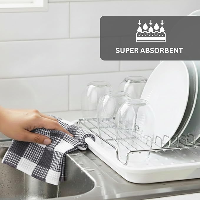 PurpleEssences 100% Cotton Waffle Weave Check Plaid Kitchen Towels, Super Soft and Absorbent Dish Towels for Drying Dishes 15 x 25-4 Pack - Christmas Holiday Winter - Steel Grey and White
