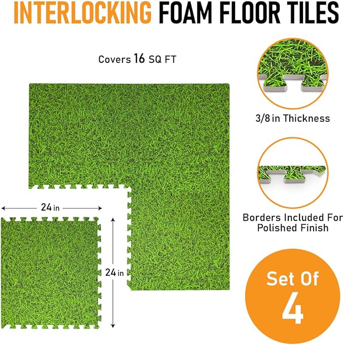 HomeCube USA 3/8 Inch Thick Interlocking Wood Grain Foam Floor Tiles for Home, Office, Workout Equipment Space, Commercial Areas, Anti-Fatigue Flooring Padding 24x24 in. Green Grass, 16 SQ Ft -4 Tiles