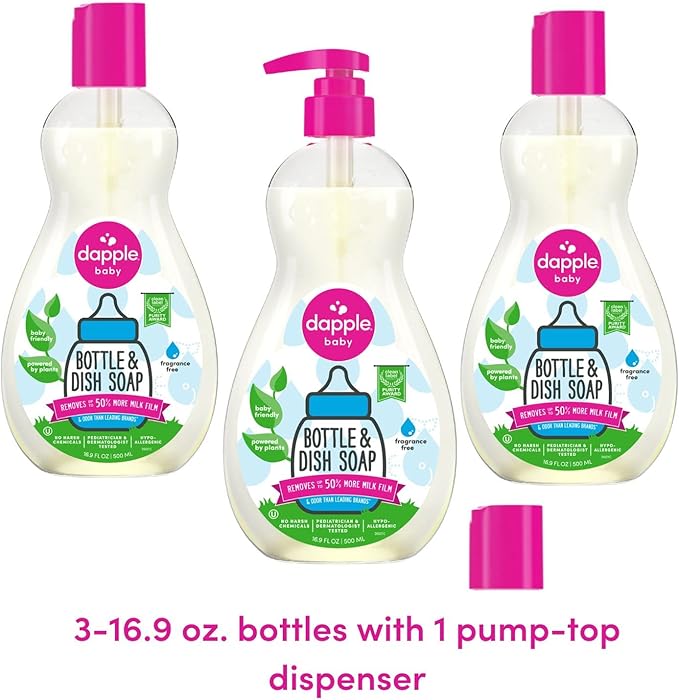 Dapple Baby Bottle Soap, Hypoallergenic Dish Soap for Baby Bottles, Powered by Plants, 1 Pump Included, Packaging May Vary, Fragrance Free, 16.9 Fl Oz (Pack of 3)