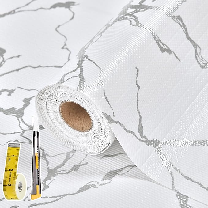 Drawer and Shelf Liner for Kitchen Cabinet: 12 in X 20 Ft Non Slip Waterproof Shelf Paper Non Adhesive Refrigerator Liners Silver Marble Easy Liners for Bathroom with Knife Tape Measure