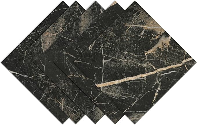 Matte Black Marble Peel and Stick Floor Tile Waterproof Vinyl Sheet Flooring for Bathroom Marble Black Flooring Tile 5PCS Self Adhesive Laminate Stick on Floor Tiles Sticky Panels for Kitchen 12x12 IN