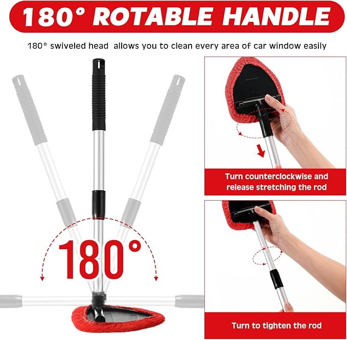 8 Pcs Car Windshield Cleaner Tool Kit with Extendable Handle, Microfiber Towel Pads, Brush, Empty Spray Bottle for Auto Glass Wiper Suvs Rvs & Home Windows(Red)