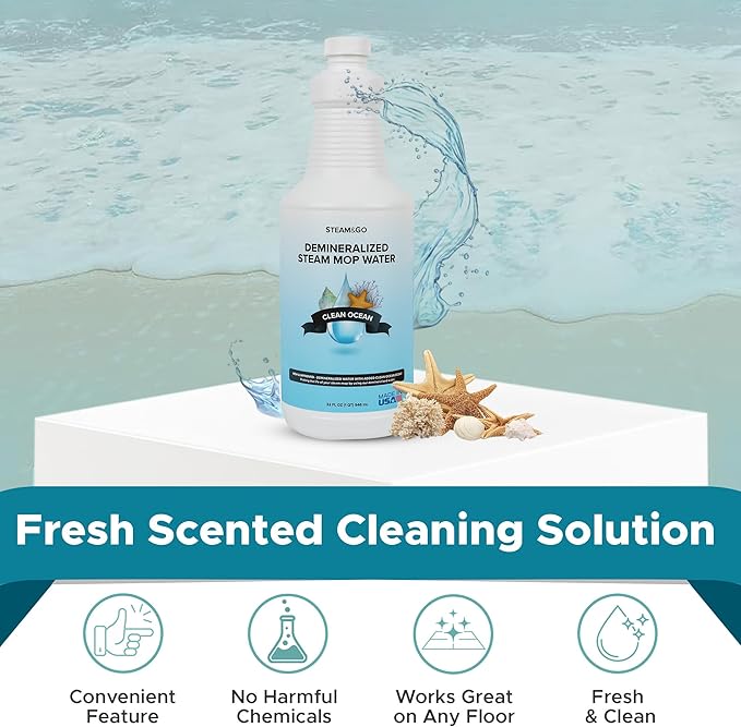 Steam & Go Demineralized Water - Multisurface Cleaner, PVC-Free Ready-to-Use for Mops & Floor Steamers - Ideal for Kitchen, Bathroom, & Home Surfaces - Clean Ocean Scent - 32oz (Pack of 18)