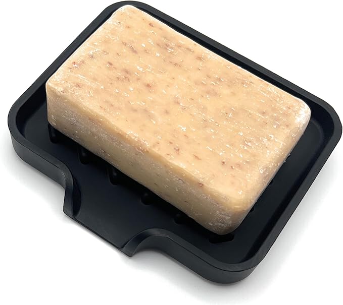 Happitasa Silicone Soap Dish Tray and Sponge Holder with Drain Chute and Feet | 3-Way Sloped Design | Bathroom and Kitchen Sink Organizer Caddy (Smoky Blue, 5"x4")