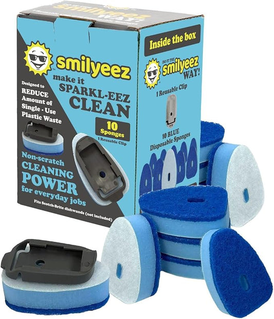 Smilyeez No-Plastic Blue Non-Scratch Sponge Refill with Reusable Clip (10 Pack) for Scotch-Brite's Advanced Soap Control Dishwand - Refill with Adapter, Easy to Install