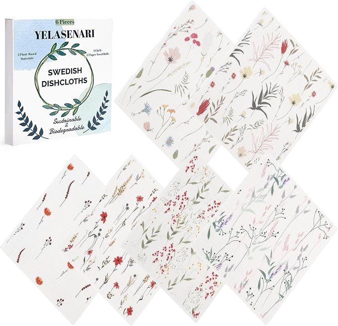 Swedish Dishcloths for Kitchen Reusable 6 Pack Kitchen Towels No Odor Quick-Drying Reusable Paper Towels Reusable Paper Towels Washable for Countertop, Sink, and Kitchen Flower