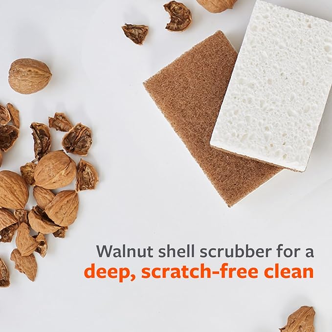 Full Circle Walnut and Cellulose Scrubber Sponges – Pack of 6 – Powerful, Non-Scratch Kitchen Sponges Made with Plant-Based Sustainable Materials, Safe for Nonstick Cookware