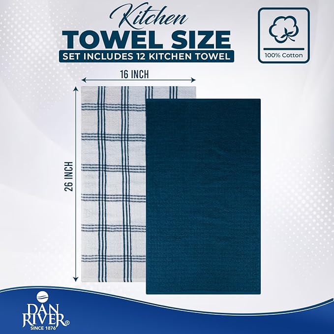 DAN RIVER Premium Kitchen Towels - [Pack of 12] 100% Cotton (16x 26 Inches) -Super Soft,Highly Absorbent, Quick Dry, Dish Towels for Kitchen Towels -Blue Opal