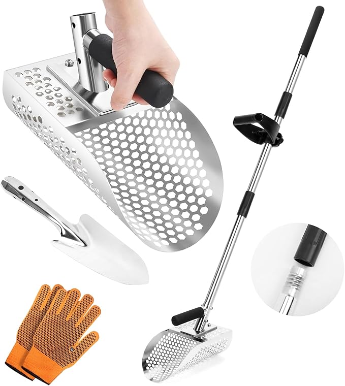 Long Handle Sand Scoop, Stainless Steel Shovel Scoop for Metal Detecting for Adults, Shovel Underwater Treasure Hunting, Adjustable Length, Handheld with Long Steel Handle Pole Design