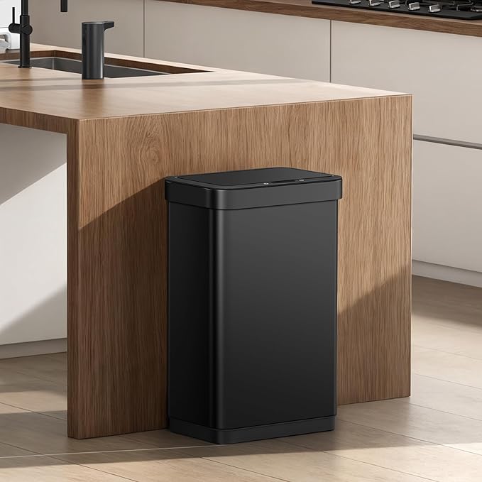 EKO EcoNova 13.2 Gallon/ 50L Automatic Sensor Kitchen Trash Can, Stainless Steel Touchless Garbage Bin with Soft-Close &Stay-Open Lid, Fingerprint-Resistant, Matte Black