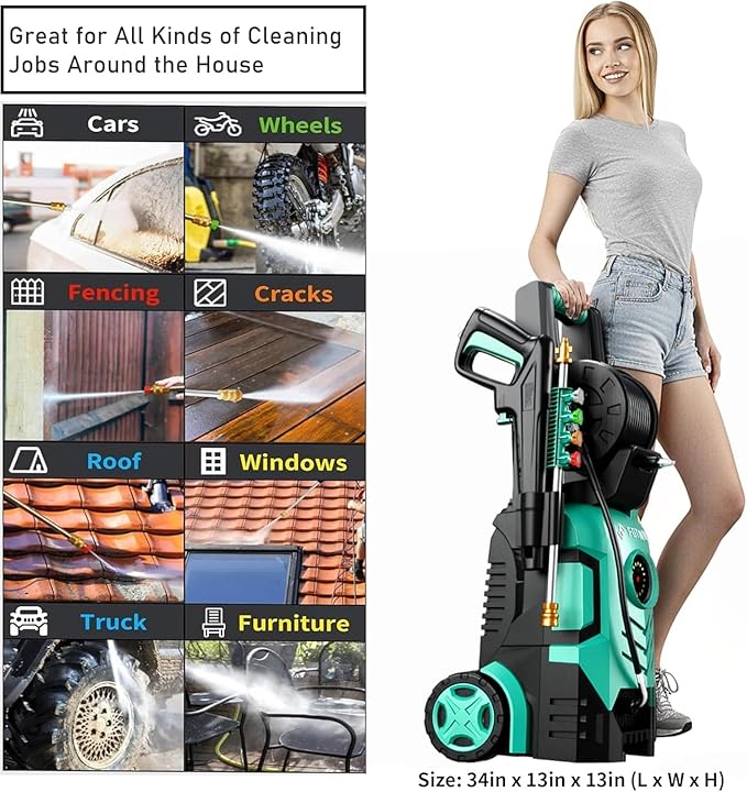 5000PSI with Adjustable Touch Screen 8 Level, 34" Tall, 4 Quick Connect Nozzles,Inlet Hose&Filter&500mlFoam Cannon for Cars/Fences/Driveways,Green