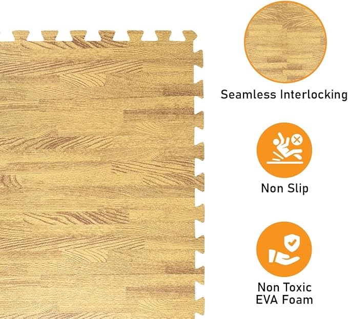HomeCube USA 3/8 Inch Thick Interlocking Medium Oak Foam Floor Tiles for Home, Office, Workout Equipment Space Commercial Areas Anti-Fatigue Flooring Padding 24x24 in, Medium Oak, 160 Sq Ft-40 Tiles
