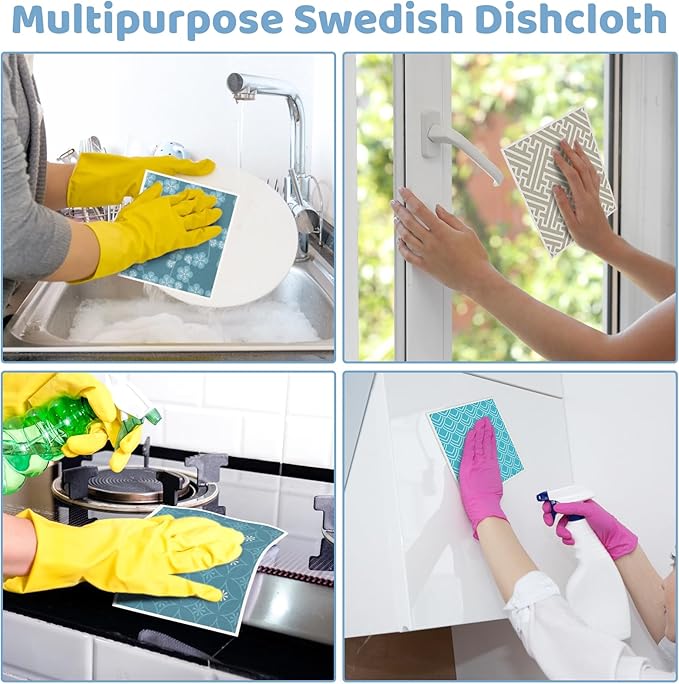 Needbrock 6 Pack Swedish Dishcloths for Kitchen, Geometric Pattern Swedish Rags Dish Towels with Clips, Reusable Paper Towels Washable Absorbent for Cleaning Home Kitchen Valentines Gifts for Women