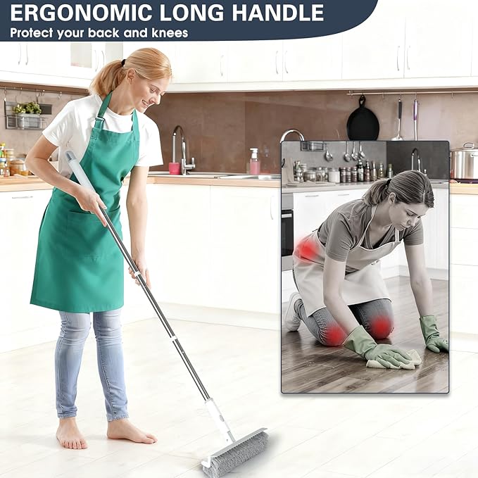 Floor Scrub Brush with Long Handle, 2 in 1 V-Shape Grout Brush with Squeegee + 2 Crevice Cleaning Brushes, Heavy Duty Stiff Bristle Scrubber Brush for Cleaning Shower Bathroom Kitchen Tile