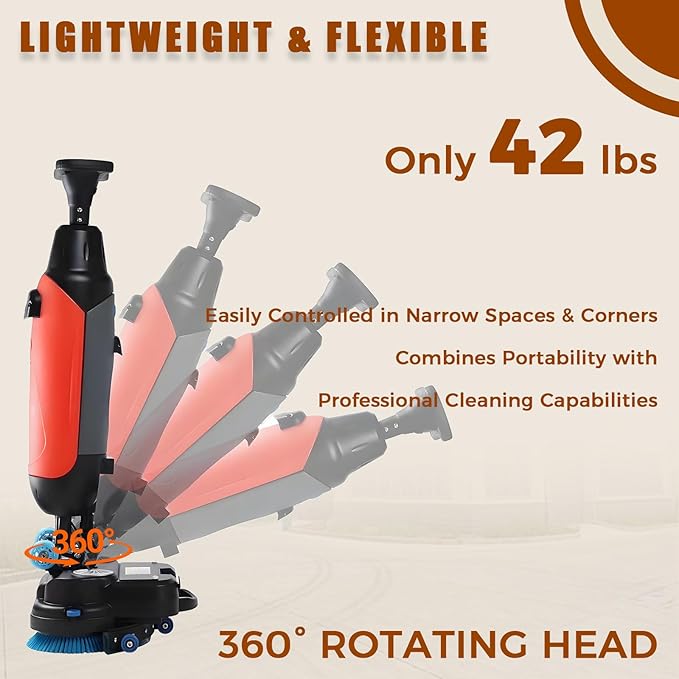 Cordless Electric Floor Scrubber & Polisher, 17” Path, Double Brushes, 360° Swivel Head, Ideal for Commercial Retail & Office Cleaning, Heavy-Duty Performance