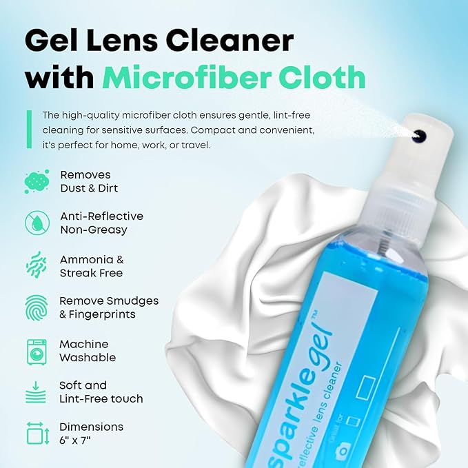 Sparkle Anti-Reflective Gel Lens Cleaner Spray kit | (2) 1oz Glasses Cleaner Gel Spray + (2) Microfiber Cloth for Eyeglasses, Sunglasses, Lenses,Screens and Camera Cleaning Kit (4 Piece Set)