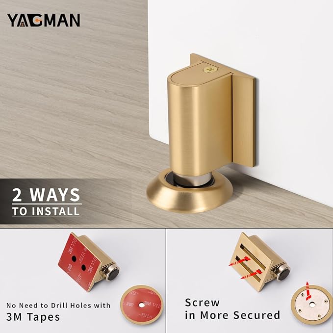 3 Pack Magnetic Door Stopper, Magnet Floor Door Stop Retractable, Door Magnetic Catch, Door Holder to Keep Door Open, No Drilling Mount with Adhesive, Brushed Gold BG-3