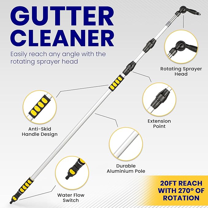 20ft Reach Telescopic Gutter Cleaning Tools from the Ground – Rain Gutter Cleaner with Heavy Duty Bendable Wand, Hose Attachment, Extension & Connecting Adapter | O-Ring Leak Proof Design
