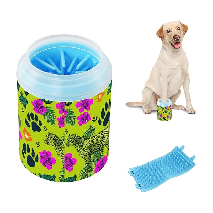 Dog Paw Cleaner Cups for Dogs Pet Foot Washer Paw Scrubber for Small Medium Large Dogs Cats Cleaning Cup Green Leopards Flowers