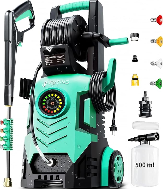 5000PSI with Adjustable Touch Screen 8 Level, 34" Tall, 4 Quick Connect Nozzles,Inlet Hose&Filter&500mlFoam Cannon for Cars/Fences/Driveways,Green