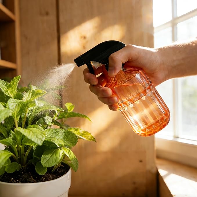 Glass Plant Mister Spray Bottle, 15oz Refillable Water Bottle Spray, Reusable Adjustable Nozzle Plant Mister Spray Bottles Indoor, Plant Mister for Hair, Cleaning, Gardening, Pets Care (Orange)