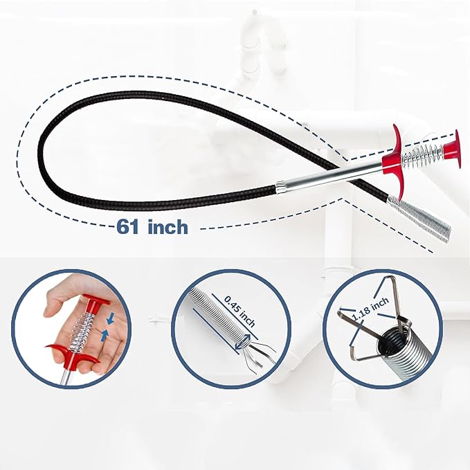 Drain Snake,61 inch Flexible Grabber Claw Pick Up Reacher Tool,Drain Clog Remover - Gutter Cleaning Tools for Home Sink, Bathroom Tub,Drain, Toilet, Tight Spaces