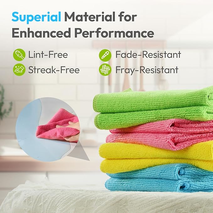 270GSM Microfiber Cleaning Cloth 12"X12" - 12 Pack 4 Color Assorted Lint Free Streak Free, Super Absorbent Reusable Multi Purpose Kitchen Towels for Cars