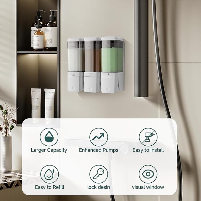 Shampoo and Conditioner Dispenser 3 Chamber No Drill Shower Soap Dispenser Wall Mounted Shampoo Conditioner Body Wash Refillable Bathroom Shower Dispenser (White+Smoke Gray 3 Chamber)
