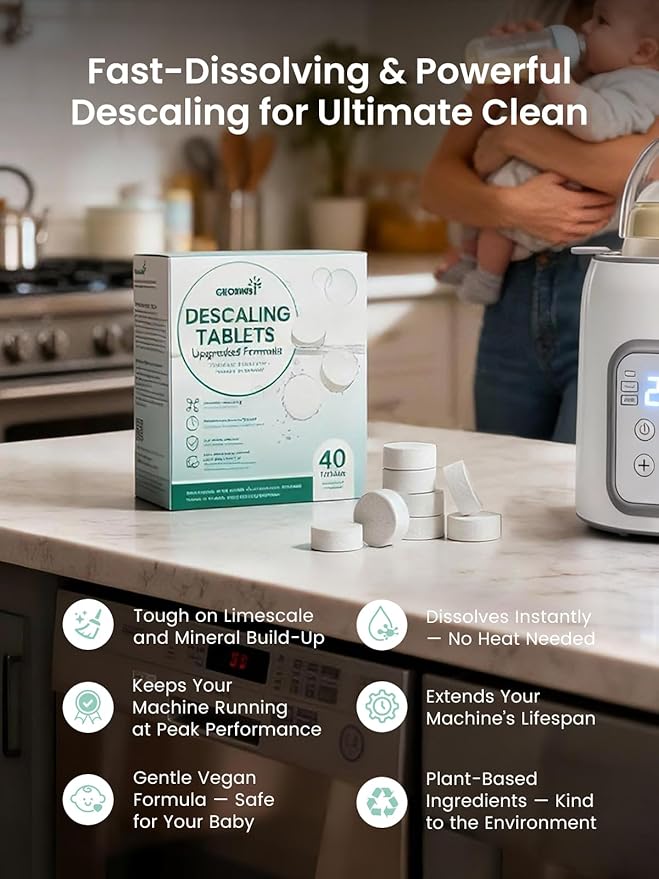 GROWNSY Descaling Tablets for Bottle Warmer & Sterilizer, Daily Essential Descaler, Cleaner for Baby Food Makers, Deep Limescale & Odor Removal, Performance Care, 40 Count (1-Year Supply)