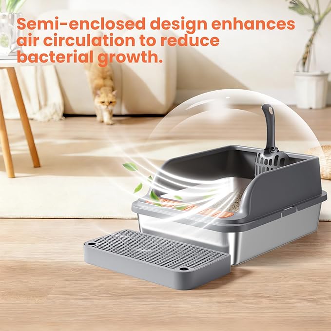 Stainless Steel Cat Litter Box, Metal Kitty Litter Box Includes Litter Mat & Scoop, Easy Cleaning Anti-Scratch Kitty Cat Box Anti-Urine Leakage, Non-Sticky, Perfect for Small Cats, Grey