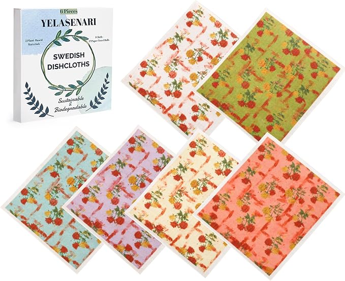 Swedish Dishcloths for Kitchen Reusable 6 Pack Kitchen Towels No Odor Quick-Drying Reusable Paper Towels Reusable Paper Towels Washable for Countertop, Sink, and Kitchen Rose