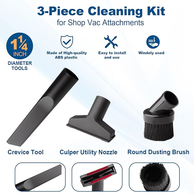 for Shop Vac Attachments Replacement 9064333, 1-1/4 (1.25“) (32MM) Inch Diameter for Wet/Dry Use Ideal for Upholstery and Carpets - Includes Round Brush, Crevice Tools and Gulper Tool - 3 Pack
