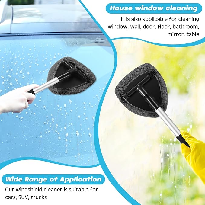 Baderke 10 Pcs Windshield Cleaner Tool Car Window Cleaning Supplies with Extendable Handle Include 6 Washable Microfiber Bonnets 2 Empty 60ml Spray Bottle Glass Wiper Kit (Gray)
