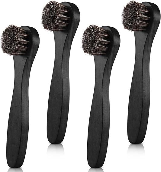 4 Pcs Horsehair Shine Shoes Brush Kit Polish Dauber Applicators Cleaning Leather Shoes Boots Care Brushes Suede Cleaner Brush with Microfiber Shoe Cloth(Black Handle A)